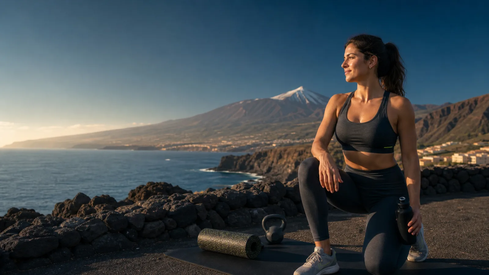 Entrenamiento personal online en la costa de Tenerife con el Teide al fondo